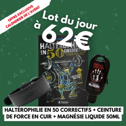 LOT 7 - HALTÉROPHILIE EN 50 CORRECTIFS + CEINTURE DE FORCE EN CUIR + MAGNÉSIE LIQUIDE - CALENDRIER AVENT 2024